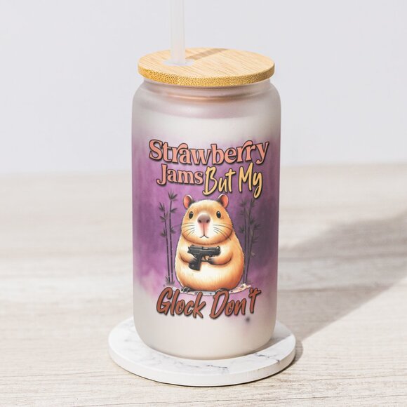 Strawberry Jams Mug, But My Glock Don’t, Iced Coffee Tumbler, Funny Capybara - Picture 4 of 7